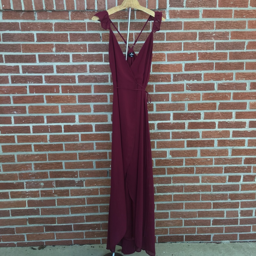 Lulu’s Here’s To Us High Low Wrap Dress Burgundy - Picture 3 of 13